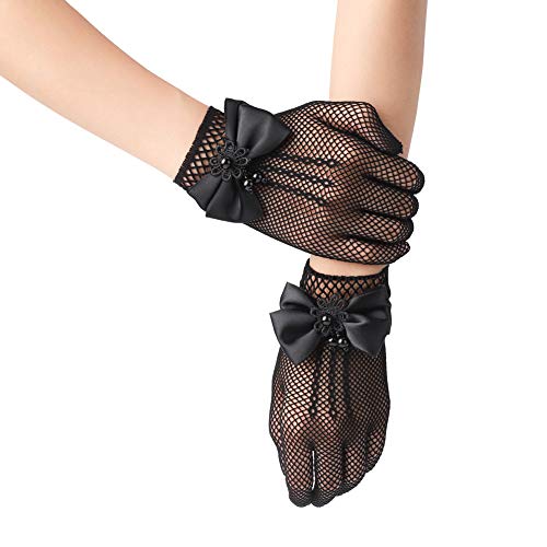 Xuhan Short Kids Size Flower Girls Princess Pageant Gloves for Children (Black) - Thumbnail 2