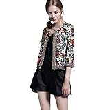 Buenos Ninos Women's 3/4 Sleeve Ethnic Embroidery Cardigan Retro Printed Flyaway Jacket Coat Beige M