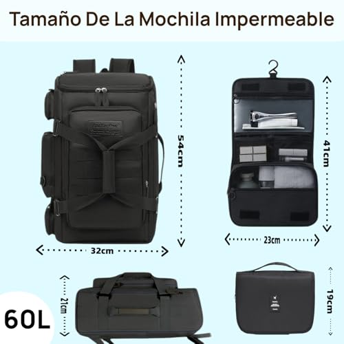 Mochila de Viaje 10kg Avion Expandible 60L, Mochila para Viaje Impermeable Portátil Mochila para Laptop de Senderismo Plegable Ligera Gran Capacidad con Múltiples Compartimentos