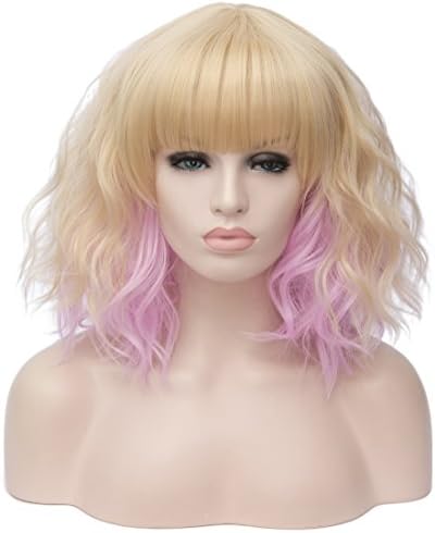 Alacos Fashion 35cm Short Curly Bob Anime Cosplay Wig Daily Party Christmas Halloween Synthetic Heat Resistant Wig for Women +Free Wig Cap (Blonde Ombre Purple Brow-Skimming Bangs)
