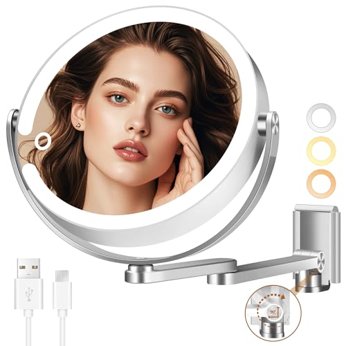 MOMOKUBA Wall Mounted Makeup Mirror, Magnifying Mirror with Light 20X/1X Double-Sided, Height Adjustable, 3 Lighted Modes, Aluminum Alloy Small Wall Mirror, Moisture & Corrosion Resistant Bathroom Use