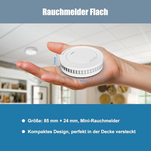 Smoke Detector, 10 Year Battery with Magnetic Holder, No Drilling, TÜV Rheinland Certified Fire Alarm without Flashing, Flat Smoke Detector, Fire Detector, Mute Function, EN14604, Set of 6