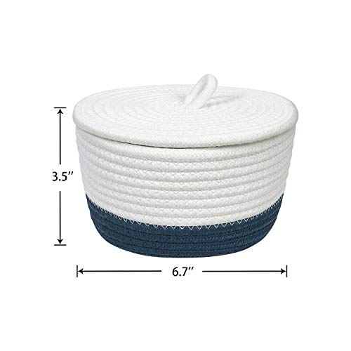 HiChen 7.9" x 6.3" x 4.3" Small Cotton Rope Basket with Lid, Home DÃ©cor Round Woven Desk Storage Box Organizer for Snacks, Keys, Jewelry, Cosmetics,Remote Control