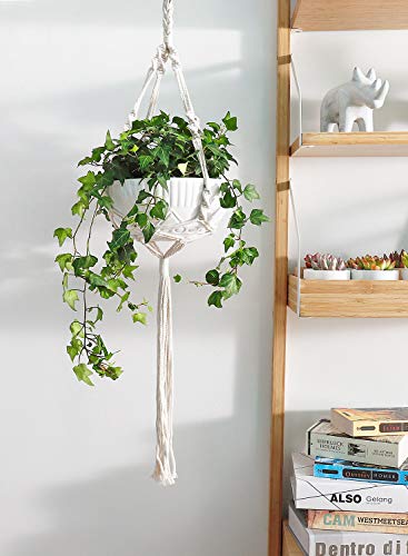Greenaholics Hanging Plant Pots - 9.7 + 8.7 Inch Tribal Grain Ceramic Planters with Slings for Ivy Air Planting, White, Set of 2 - Thumbnail 3