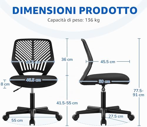 Sedia Ufficio Scrivania Senza Braccioli Altezza Regolabile Nera