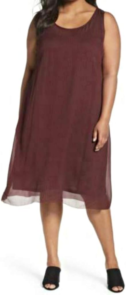 Eileen Fisher Chevron Printed Crinkle Silk Claret Dress w/Slip 1X 2X MSRP $408.00