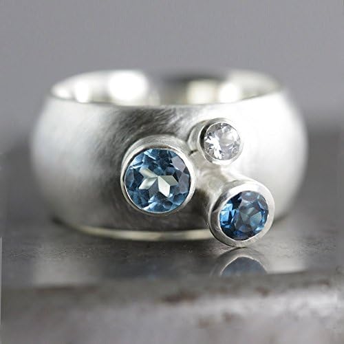 Sterling Silver and Blue Topaz - Three Stone Wide Chunky Statement Ring