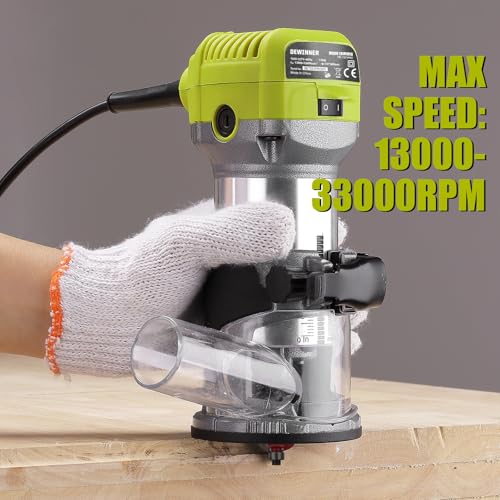 DEWINNER Electric Palm Router Tool, 710W Compact Wood Router Trimmer with Metal Base, 6Variable Speeds Router for Woodworking, Trimmer Router with hand Bag, 15pcs Palm Router Bits for Handwork and DIY