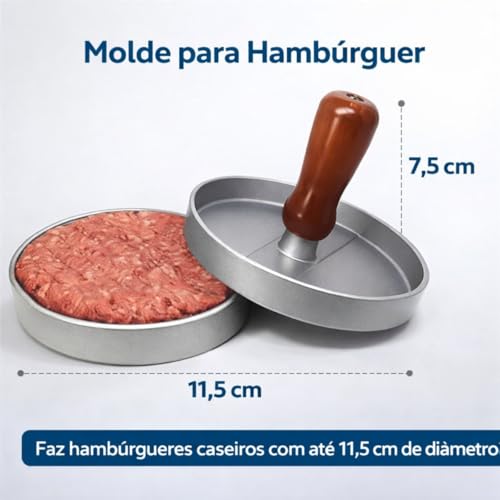 Molde para Hambúrguer em Aço Inoxidável com Cabo de Madeira – Prensa para Carne Gourmet Artesanal