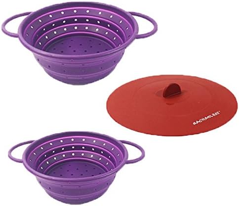 Collapsible Excellent Food Grade Quality Purple Silicone Colanders Metal Strainer Set of 2 M/L + 1 Pcs Large Red Suction Lid + GIFT