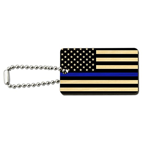 Thin Blue Line American Flag Wood Wooden Rectangle Keychain Key Ring