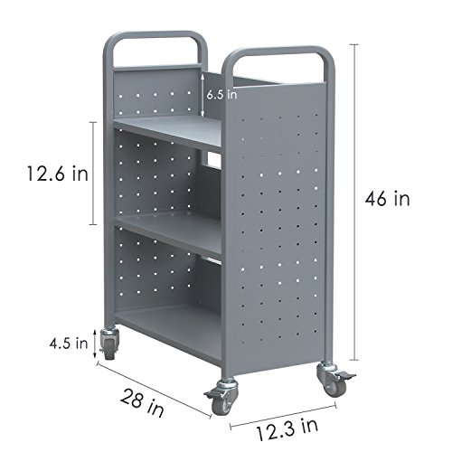 Heavy Duty Book Carts with 3 Single-sided Book Shelves, Rolling Book Storage Rack with Lockable Wheels 200lbs Capacity (Grey)
