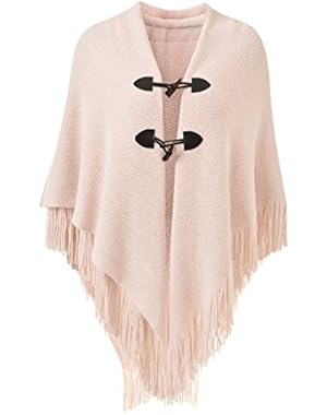 Women’s Loose Fitting Poncho Cape Shawl With Stylish Horn Buttons, V Neckline and V Hem