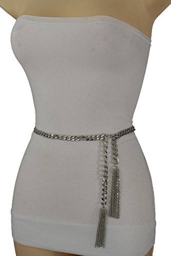 TFJ Women Fashion Metal Chains Belt Hip Waist Wrap Around Fringes Plus M L Silver