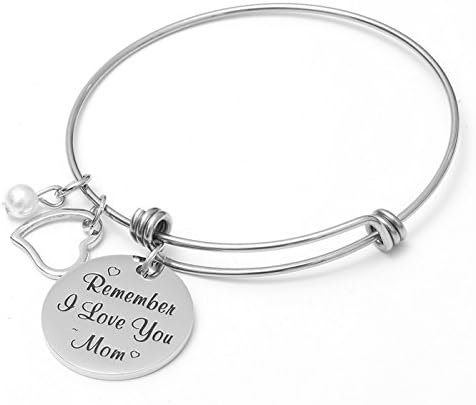 AISHOW Mom Gift from Daughter Son - 'Remember I Love You Mom' Motivational Charm Stainless Steel Cuff Bangle Bracelet for Mother's Day, Birthday Gifts for Mom, Mother Jewelry for Christmas (Silver 2)