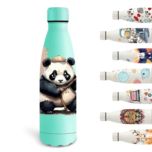 Trinkflasche 500ml, Trinkflasche Edelstahl BPA-freie, Wasserflasche Kalt&Warm, Personalisiert mit Panda-Muster, Kinder für Schule, Fahrrad, Camping, Running, Grün