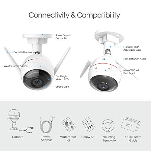 EZVIZ Security Camera Outdoor 1080P WiFi, Motion Alert with Strobe Light & Siren, IP66 Weatherproof, 100ft Night Vision, Two-Way Audio, Works with Alexa and Google(CTQ3W)