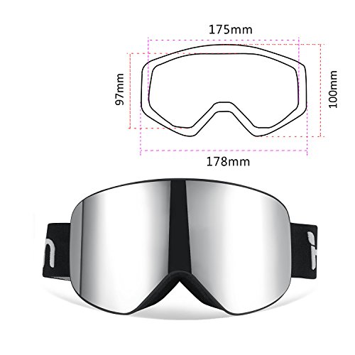 HAMSWAN Ski Snowboard Snow Goggles Anti-fog OTG UV400 Protection Detachable Double Lens for Winter Outdoor Sports (Silver-Plating)