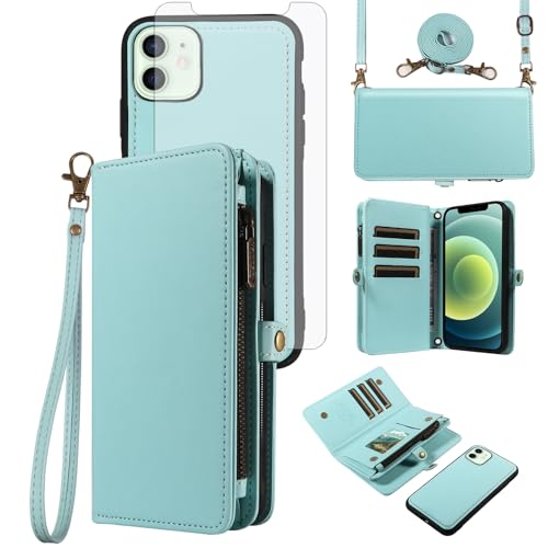 Phone Case for iPhone 12 Pro iPhone12 6.1 Zipper Wallet Detachable Cell Cover with Tempered Glass Screen Protector Crossbody Lanyard Strap Flip Card Holder Slot iPhone12pro 5G i 12s 12pro Green