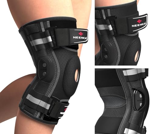 Rodillera profesional NEENCA para el dolor de rodilla, soporte ajustable con bisagras y estabilizadores laterales extraíbles, gran estabilidad para aliviar el dolor articular, artritis, desgarro de menisco, ligamento cruzado anterior (LCA), ligamento cruzado posterior (LCP), corredores y deportistas (HX043-MX, Small) (Negro, Medium)