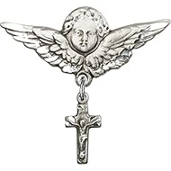Sterling Silver Baby Badge with Crucifix Charm and Angel w/Wings Badge Pin 1 1/8 X 1 1/8 inches