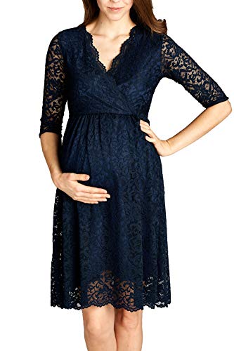 Hello Miz Womens Maternity Floral Lace Nursing Friendly V Neck Faux Wrap Dress (Large, Navy)