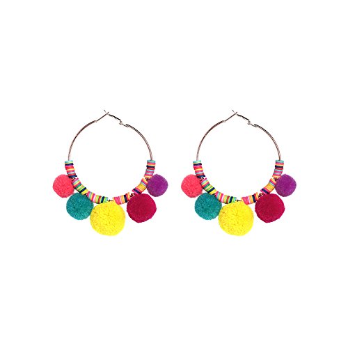Pom Pom Tassel Earrings Colorful Rainbow Round Hoop Ball Dangle Ear Drop Large Fashion Boho Bohemian Vintage Statement Eardrop for Women Girls (Rainbow)