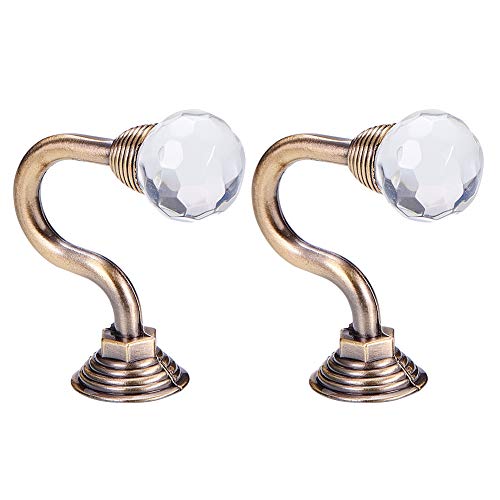 INCREWAY 1 Pair Clear Crystal Curtain Holdbacks with Screws, Wall Mounted Tassel Curtain Tieback Hook Multi Use Wall Hook Coat Hanger (Antique Brass)