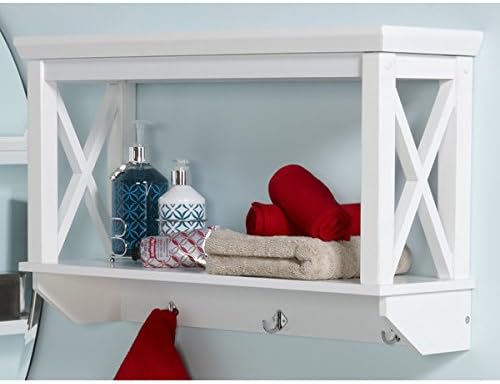 26" x 15.35" Bathroom Shelf- Has three hanging hooks for towels or clothes-Modern and clean X-frame design-Wipe clean with damp cloth- Painted E2 grade MDF and solid pine wood construction*