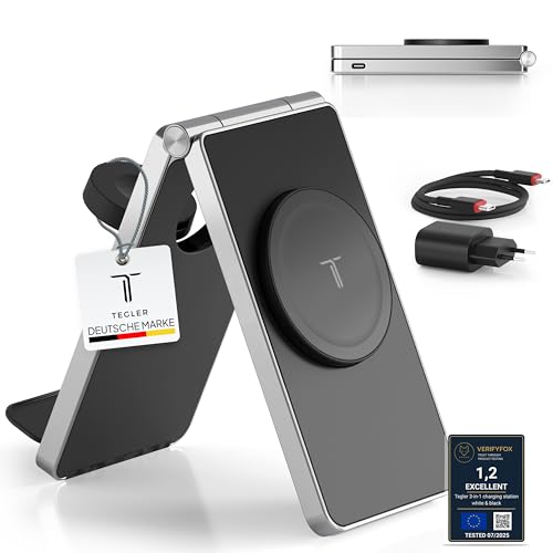 Tegler 3-In-1 Magsafe Ladestation Aus Hochwertigem Aluminium Für Iphone, Apple Watch &Amp; Airpods – Faltbar, 15 W Magsafe, Inkl. 20 W Adapter &Amp; Kabel (Schwarz)