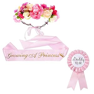 “Growing a Princess” Sash & Flower Crown & Daddy to be Button Pin Kit – Baby Shower Sash Princess Baby Shower Baby Sprinkle (Pink & Gold)