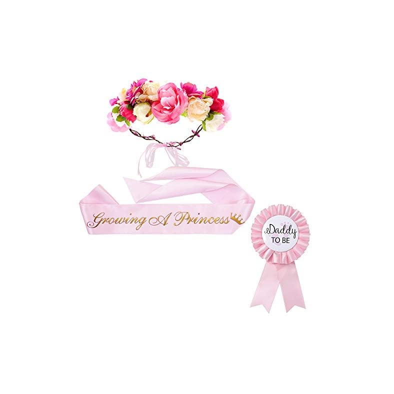 “Growing a Princess” Sash & Flower Crown & Daddy to be Button Pin Kit – Baby Shower Sash Princess Baby Shower Baby Sprinkle (Pink & Gold)