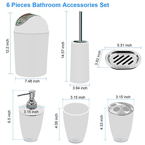 White Bathroom Accessories Set 6 Pieces Plastic Bathroom Accessories Toothbrush Holder, Rinse Cup, Soap Dish, Hand Sanitizer Bottle, Waste Bin, Toilet Brush with Holder - Thumbnail 2