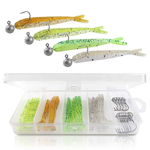 GGBuy Angelköder, weiche Jigköder, Jigkopf-Angelhaken-Set, enthält 20 weiche Kunststoffköder, 10 Jigkopf-Haken für…