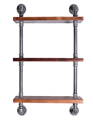 Diwhy Industrial Pipe Shelving Bookshelf Rustic Modern Wood Ladder Storage Shelf 3 Tiers Retro Wall Mount Pipe Dia 32mm Design DIY Shelving (Silver, L 24")
