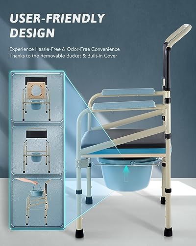 VONOYA Lightweight Bedside Commode w Removable Seat Pad, Portable Foldable Commode Chair with Built-in Toilet for Disabled People The Elderly & Others up to 150 kg, Adjustable Height Folding Stool