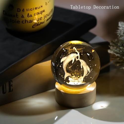 KESI Ornaments Dolphin Crystal Ball with LED Wooden Base, Crystal Dolphin Figurine Paperweight Ornaments, 3D Laser Engraved Decorative Glass Night Light Gifts for Girls or Boys for Baby Nursery Decor 3