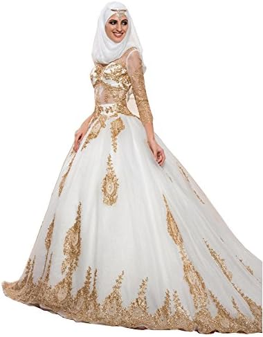 Tsbridal Gold Ball Gowns Wedding Dresses Long Sleeves Muslim Wedding Dress