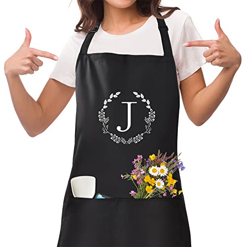 NOBONDO Personalized Apron with Pockets, Initial Bib Apron with Adjustable Neck and Waist Ties, Monogrammed Gift for Women and men, Supports Cooking, Crafting BBQ Drawing and Gardening - with Wreath J