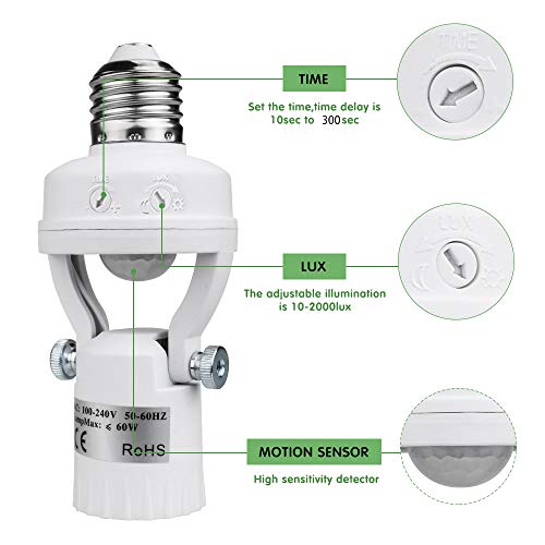 8T8 Motion Sensor Light Socket, PIR Motion E26 Screw Bulb Adapter, Adjustable Auto On/Off Night Light Control Smart sensor bulb adapter for Storage Room, garage light (Manual Sensor_1)