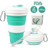 Portable Collapsible Coffee Cup, Lightweight and Reusable Folding Travel Mug Cup, Food Grade Silicone Sport Water Bottle with Leak Proof Lid for Outdoor Camping Hiking - Plus Folding Spoon (19oz)