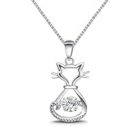 MMTTAO 925 Sterling Silver Pendant Necklace for Women Girls CZ Diamond Cubic Zirconia from Swarovski Cat Charms Pendant Dancing Stone Crystals Fashion Jewelry Gifts for Her, Cat Pendant Dancing Stone