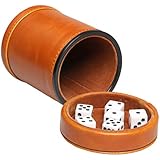 RERIVER Leatherette Dice Cup with Lid Includes 6 Dices, Velvet Interior Quiet in Shaking for Liars Dice Farkle Yahtzee Board Games, Brown