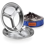 Stainless Steel Plate Set - Ultra-Portable Dinnerware Set of 4 Round BPA Free, Sectioned Plates with Mesh Travel Bag for Outdoor Camping | Hiking | Picnic | BBQ | Beach