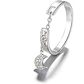 CZ Star Moon Chain Promise Statement Ring for Women Silver Gold-Toned Dainty Crystal Starless Crescent Tassel Dangle Drop Open Wrap Finger Rings Adjustable Comfort Fit Fashion Wedding Jewelry