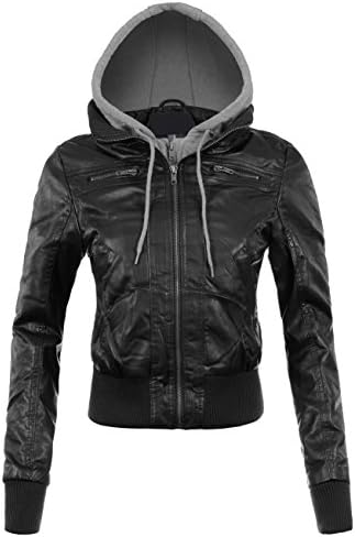 BEKTOME Womens Fleece Hood Faux Leather Zip Up Moto Biker Bomber Jacket -3X-Black