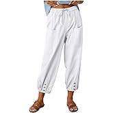 SOUWINEMYI Womens Capri Pants Cotton Linen Cropped Trousers Summer Wide Leg Drawstring High Waist Palazzo Pants with Pockets