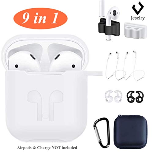 Airpods Case Cover,Jeselry 9 in 1 Airpods Accessories Set,Protective Silicone Cover Skin Compatible Apple Airpods Anti-Lost Strap/Ear Hook/Watch Band Holder/Keychain/Earpods Case (White)