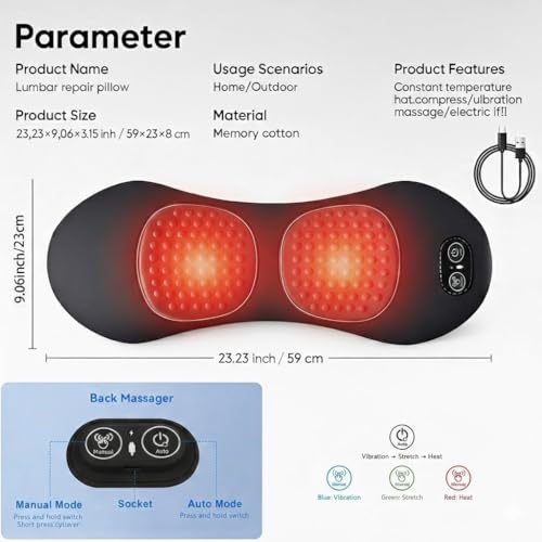 KAYAXIM Rechargeable Back Massager with Heat, 3-in-1 Lumbar & Spine Support Massage Pillow with Traction Design, Cordless Portable Lower Back Relaxation Cushion for Home Office (Grey)