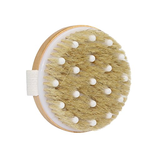 MAGGIFT Wooden Body Massage Brush Round, Natural Bristle Dry / Wet Body Brush for Exfoliation Clear Dead Skin Cells (1)